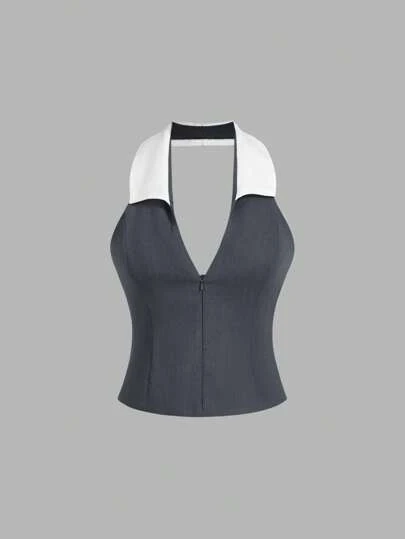 GENKIRA Top corto ajustado estilo americano para mujer, escote en V profundo, diseño de contraste de colores, cremallera delantera