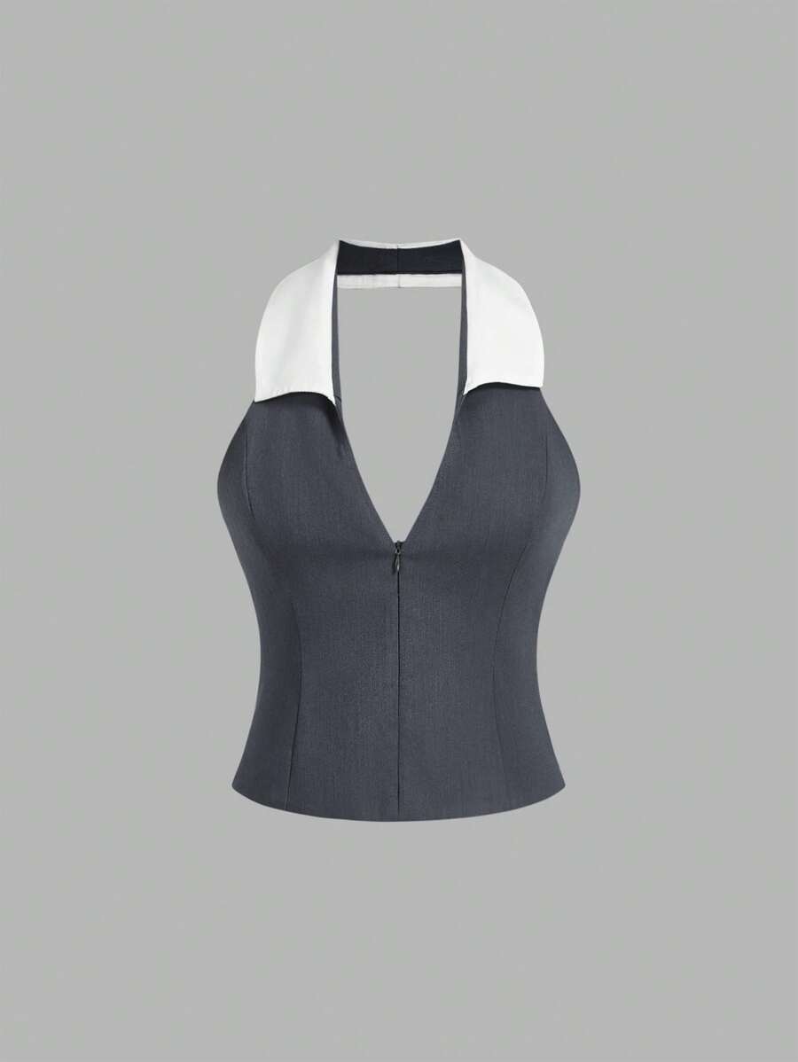 Femmeiva Slim-Fit Cropped American Style Tank Top For Women, Deep V-Neck, Contrast Color, Front Zipper Design - Multicolor - View 1
