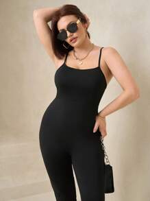 SHEIN Clasi Mono tipo jumper con corte en la espalda, tirantes de espagueti y elástico, para mujer de talla grande, atuendo elegante para el día a día, primavera/verano - Negro - Ver 4