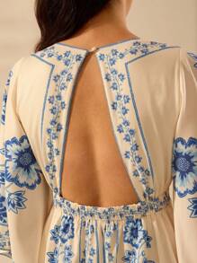 CAJUNI Đầm dài hở lưng họa tiết hoa nhiệt đới Boho cho nữ, cổ chữ V, tay cánh dơi, dành cho kỳ nghỉ hè, màu be - Nhiều màu - Xem 8