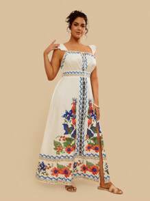 Travachic Plus Size Vintage Floral Print Tie-Up Dress, Casual Holiday Wear For Spring & Summer