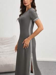 Round Neck Short Sleeve Striped Ribbon Patchwork Side Split Bodycon House Dress - Grey - View 6