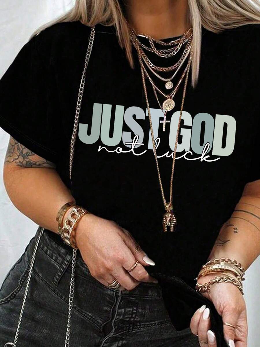 INAWLY 女士休闲简约字母印花短袖 T 恤 - 黑色 - 查看 1