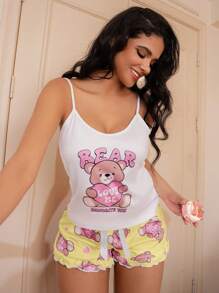 SweetSlumber 2 stuks dames cartoon schattige hartbeer pyjamaset