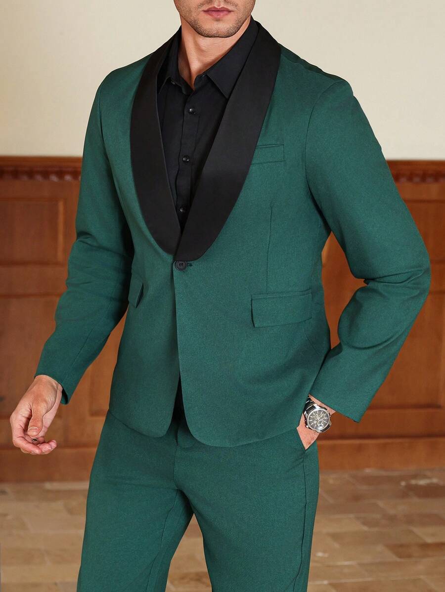 Calvornis Conjunto de chaqueta de manga larga y pantalones de unicolor, estilo simple y casual para uso diario - Verde Oscuro - Ver 1