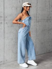 SHEIN EZwear Bộ đồ liền thân denim rộng rãi đơn giản có túi dành cho nữ - Màu xanh lam - Xem 5