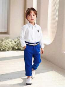 SHEIN 2件套男童刺绣细节长袖衬衫和裤子绅士西装套装 - 藍色 - 查看 3