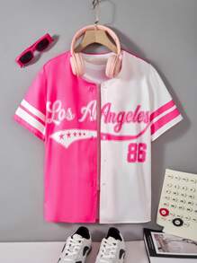 SHEIN Tween Girls Casual Versatile LA Print Shirt, Commuter Friendly - Pink - View 3