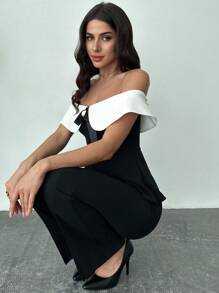 Firerie Women's Spring And Summer Elegant Romantic Fashion Commuter Sexy Fashion Office Women's Off ShoulderTop + Pants Black And White Two Pieces Set, Vacation Wear, Romantic Dating And Wedding Birthday Women's Clothes, Easter Women's Clothes, Banquet Women's Clothes, Music Festivals