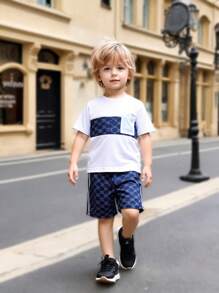 Set de 2 piezas para niños pequeños: Camiseta de cuello redondo y shorts estampados, perfecto para vacaciones, viajes, relajarse, tomar el sol en verano
