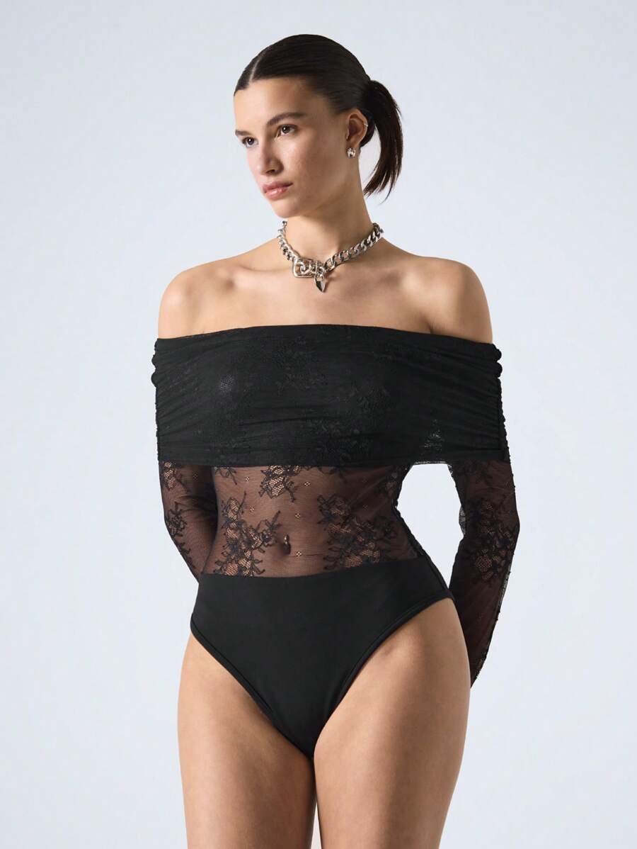 LYSMO 女式蕾丝拼接弹力紧身衣 - 黑色 - 查看 1