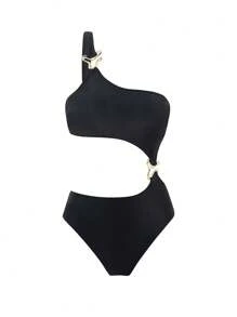 SHEIN Swim Women Beachwear Summer Outfits For Women Black Hollow One-Piece Swimsuit Asymmetrical Neck High Waist Special-Shaped Heart Accessories One-Piece Swimsuit Vacation
