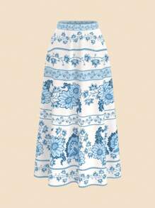 CAJUNI Women's Boho Tropical Plant & Flower Blue Print Skirt, Vacation Casual Summer Skirt