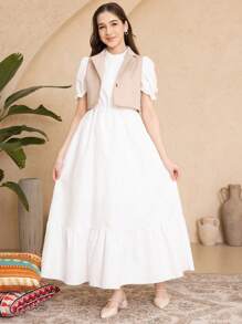 Conjunto casual de 2 piezas de vestido largo con manga abullonada y chaleco para niña adolescente - Multicolor - Ver 3