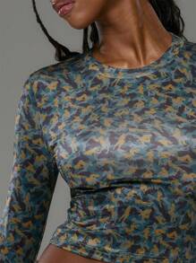 MUSERA Printed Body Long Sleeve Slinky Top Women Street Style Spring Going Out Top Vacation Spring Summer Fall - Coffee Brown - View 4