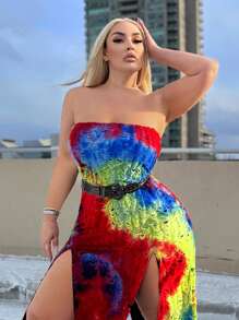 SHEIN SXY Vestido ajustado halter con abertura, bajo deshilachado y estampado de teñido anudado para talla grande ideal para festival de música y estilo sexy - Multicolor - Ver 3