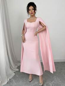 Elenzga Rochie de seară de lux, roz de lux, cu mărgele, rochie maxi de petrecere - Roz - Vizualizare 5