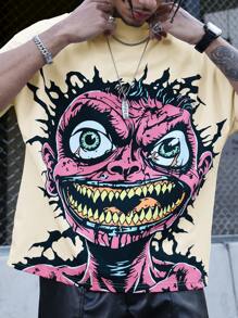 Manfinity EMRG 男士卡通印花圆领宽松休闲短袖T恤 - 杏色 - 查看 1