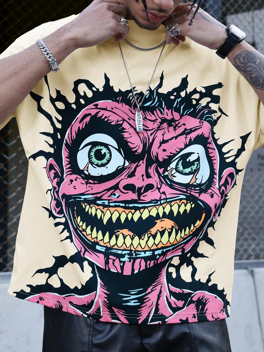 Manfinity EMRG 男士卡通印花圆领宽松休闲短袖T恤 - 杏色 - 查看 1