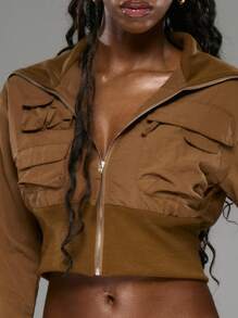 MUSERA 短款修身夹克，罗纹领口和腰部口袋细节，Y2K 冬季晚装 - 棕色 - 查看 5