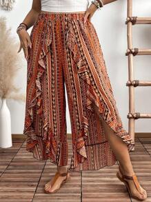 SHEIN Clasi Plus Size Women Floral Retro Print Vacation Wide Leg Pants With Ruffle Hem - Yellow - View 4