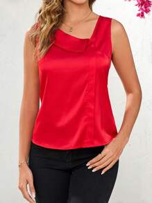 SHEIN Clasi Women's Elegant Red Satin Crew Neck Sleeveless Shirt Blouse - Red - View 6