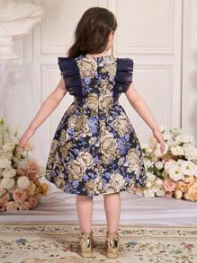 SHEIN 年轻女孩节日蕾丝网纱袖褶皱腰无袖连衣裙 - 彩色 - 查看 2