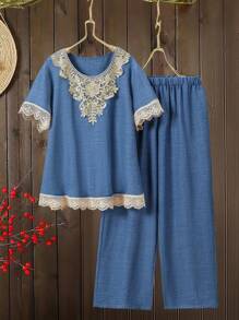 Lacomfia Ensemble 2 pièces de Top à manches courtes et pantalon long en couleur unie et patchwork, grande taille - Bleu gris - Voir 8