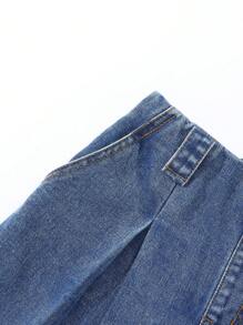 SHEIN Denimly Tween Girl 复古休闲都市学院风水洗深蓝色松紧腰阔腿七分裤 - 深色水洗藍 - 查看 4