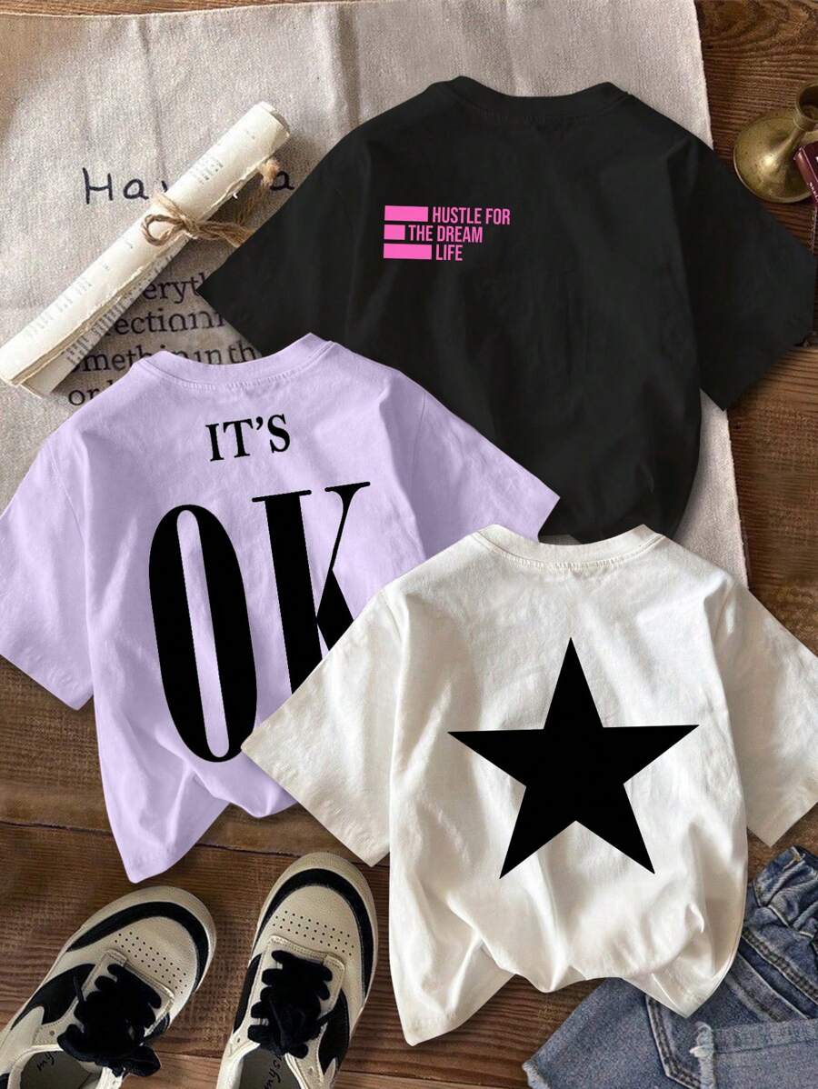 SHEIN Leap Crew Tween Girl 3 件装星星和标语图案 T 恤 - 彩色 - 查看 1