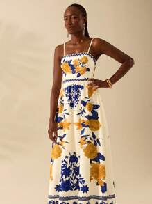 CAJUNI Women's Boho Tropical Color Print, Halter Ultra Long Dress, Summer Casual, Beach Holiday Dress