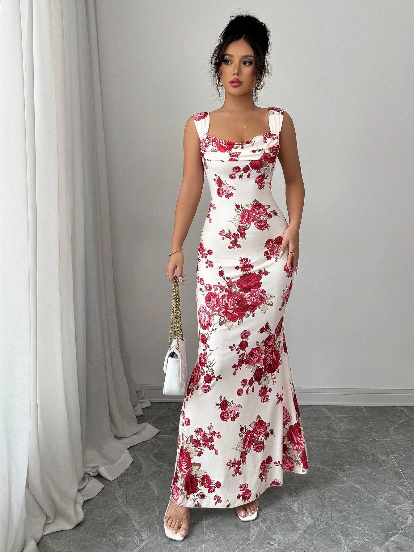 Elenzga فستان نسائي كاجوال بطبعة وردة ورقبة منسدلة...