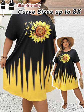 SHEIN CURVE+ Plus Size Casual Allover Print Sommarklänning, lämplig för strandsemester