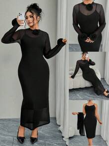 Modelyn Vestido ajustado de malla con cuello redondo y manga larga con decoración floral 3D para mujer de talla grande