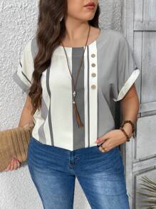 EMERY ROSE Plus Size Women Retro Casual Asymmetrical Striped Patchwork Print Wood Button Decor Shirt - White - View 4