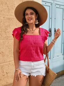SHEIN VCAY Blusa de mujer talla grande de unicolor con cuello cuadrado y mangas de campana plisadas, ideal para vacaciones, linda blusa de verano, perfecta para un brunch - Rosa Fucsia - Ver 6