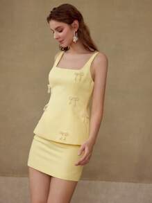 MOTF PREMIUM FAUX PEARL BOW DETAIL TANK TOP AND SKIRT - Yellow - View 4