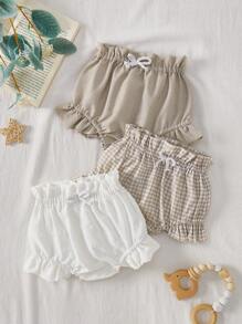 Vintaside Kids 3pcs Baby Girl Holiday Christmas Casual White Apricot Plaid Multi-Colored Three Pieces Shorts In Woven Fabric. Suitable For Summer, Waist And Trouser Leg Ruffled Decoration And Rope Design, Fashion Sweet And Playful Elements, Loose Version, Suitable For Daily Wear, Home Leisure, Shopping And So On