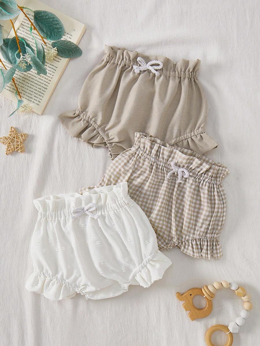 Vintaside Kids 3pcs Baby Girl Holiday Christmas Casual White Apricot Plaid Multi-Colored Three Pieces Shorts In Woven Fabric. Suitable For Summer, Waist And Trouser Leg Ruffled Decoration And Rope Design, Fashion Sweet And Playful Elements, Loose Version, Suitable For Daily Wear, Home Leisure, Shopping And So On