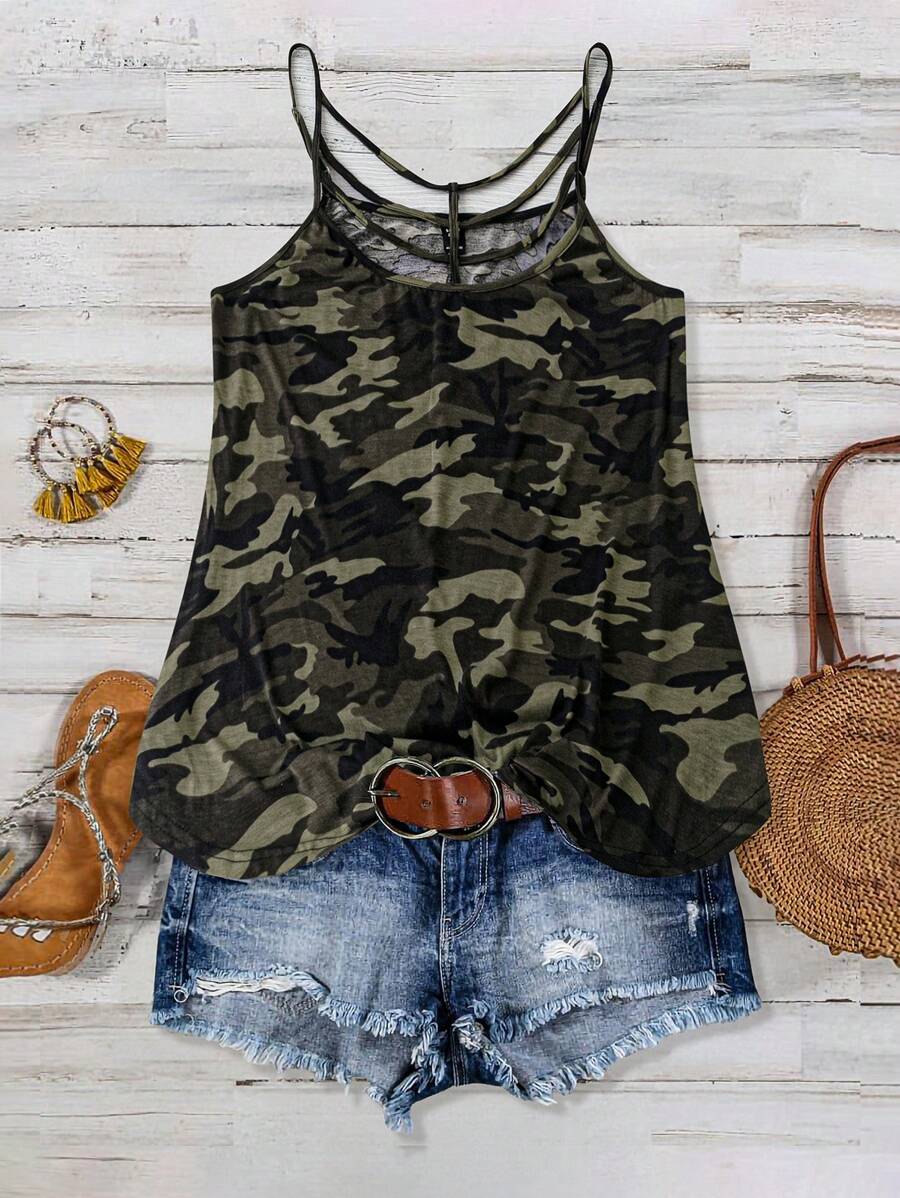 SHEIN LUNE Plus Size Women's Knitted Camouflage Front Neckline Cross Hollow Casual Daily Comfortable Camisole - Green - View 1