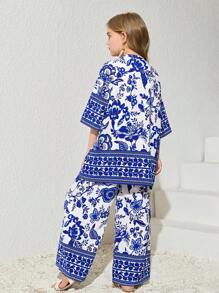 SHEIN Tween Girl 1pc Bloemenprint Kimono & 1pc Broek