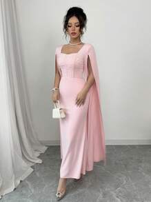Elenzga Rochie de seară de lux, roz de lux, cu mărgele, rochie maxi de petrecere - Roz - Vizualizare 6