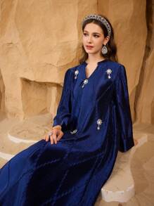 Al Najma Vestido elegante y digno de mujer con bordado de perlas hecho a mano y tela fruncida, kaftan y jalabiya, vestidos de noche de lujo para mujer, modesto