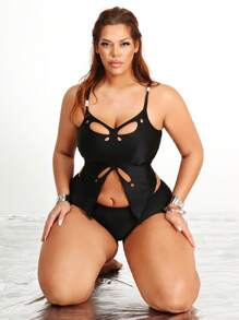 SHEIN Swim SXY Conjunto de tankini de talla grande con top tipo camiseta con abertura y braguitas, para el verano y la playa