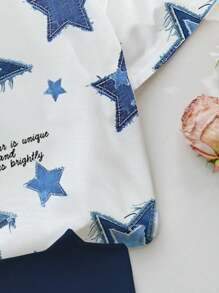 SHEIN Personalized And Cool Five-Pointed Star-Shaped English Print, Young Girl Casual And Simple Short-Sleeved Shorts Two Pieces Suit Is Suitable For Summer - Multicolor - View 5