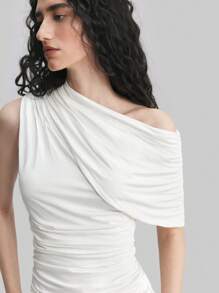 Ontre Women Solid Color Knit Asymmetric Neck Ruffle Hem Blouse - White - View 3