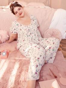 大码浪漫碎花方领泡泡袖睡衣套装（配长裤）