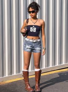 SHEIN Quần short denim rách màu xanh dáng ôm dành cho nữ tuổi teen phong cách Y2K, trang phục thường ngày mùa xuân hè, phong cách boho năng động, nhiều túi hộp, cá tính đường phố, trang phục lễ hội miền Tây. - Rửa nhẹ - Xem 5