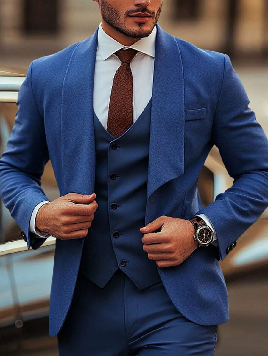 Manfinity Mode Jaket Blazer Pria Kasual Warna Polos, Gaya Sederhana untuk Pemakaian Sehari-hari - Navy Blue - View 1