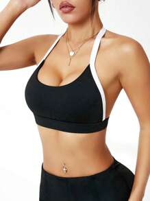 Dewbera Áo ngực thể thao hàng ngày Halter màu tương phản dành cho nữ - Đen và trắng - Xem 4